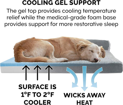 Furhaven Cooling Gel Dog Bed for Large/Medium Dogs w/ Removable Bolsters & Washable Cover, For Dogs Up to 55 lbs - Two-Tone Plush Faux Fur & Suede L Shaped Chaise - Stone Gray, Large