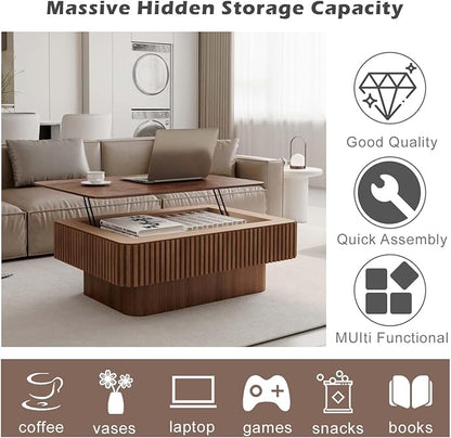 FGXJY Lift Coffee Table with Storage & Adjustable Height, Solid Wood Coffee Table Fluted Center Table Accent Tea Table or Living Room, Apartment, Office (38.6" Walnut)