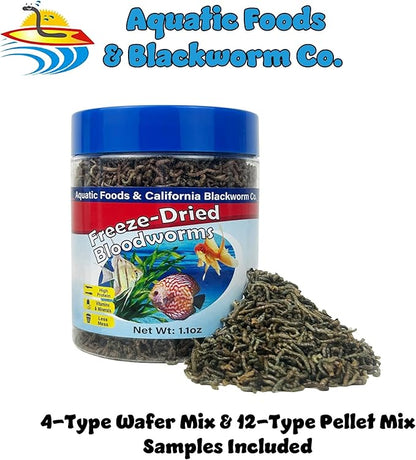 Aquatic Foods Inc. Bloodworms, Grade A Freeze Dried Floating Bloodworms for Cichlids, Discus, Goldfish, Bettas, Angel Fish, Marine Fish, 12-Type Pellet Mix & 4-Type Wafer Mix Included..1.0oz Canister