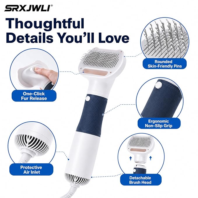 3 in 1 Pet Hair Dryers And Comb Brush High Velocity Blower for Dog Grooming | Portable Quiet Handheld Slicker with Steam Deshedding Intelligent Airflow System for Cats, Puppies and Professional(Pink)