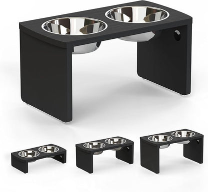 Elevated Dog Bowls, Waterproof Raised Dog Bowl for Medium & Large Dogs, HIPS Poly Lumber Stand with 2 Stainless Steel Bowls, Indoor & Outdoor Use (10'' Tall–48 oz Bowl, Black)