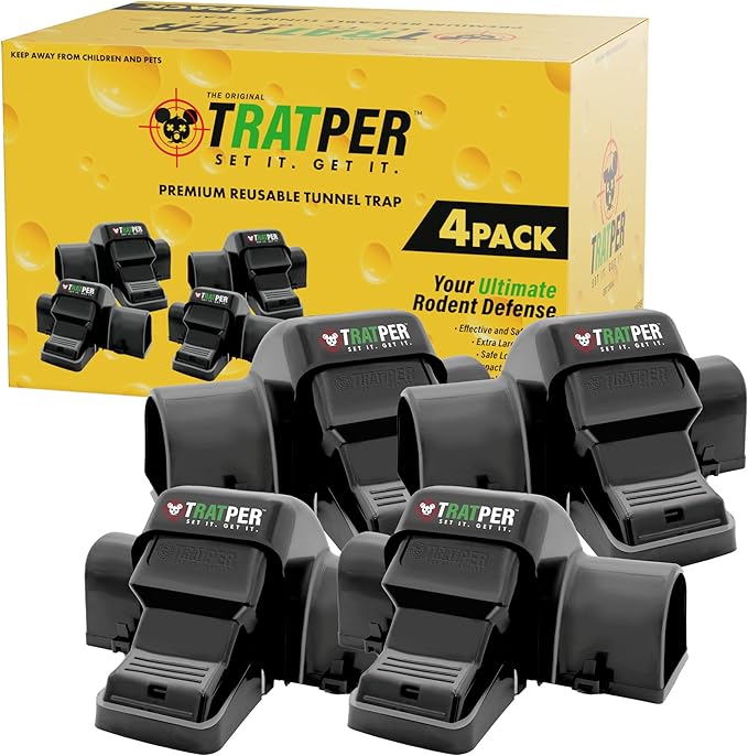 TRATPER Rat and Chipmunk Traps. Prevents Accidental Triggering with Dual Tunneled Design. Covered Snap Traps for Humane Kill, Reusable, Pest Control for Rats, Indoor & Outdoor Use. 4 Pack