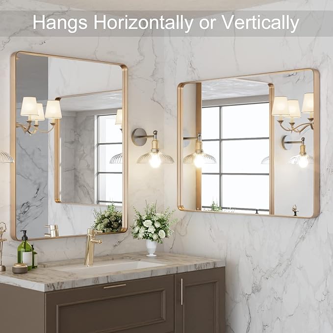 LOAAO 28”X36” Gold Bathroom Mirror, Rounded Rectangle Gold Frame Mirror
