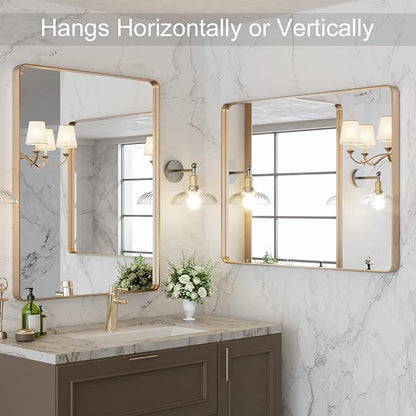 LOAAO 28”X36” Gold Bathroom Mirror, Rounded Rectangle Gold Frame Mirror