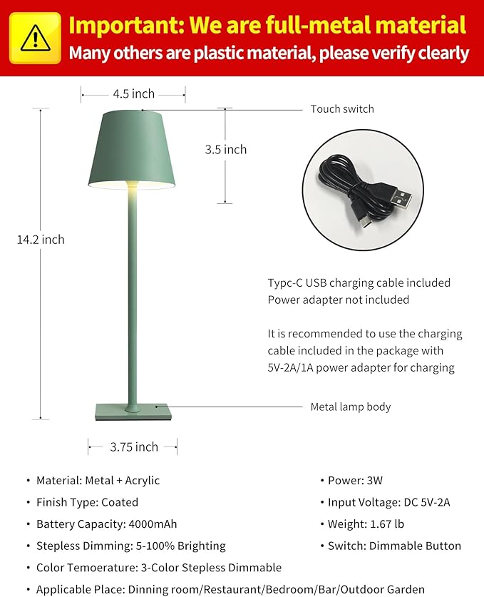 KDG 2 Pack Cordless Table Lamp,Portable LED Desk Lamp, 4000mAh Battery Operated, 3 Color Stepless Dimming Up, for Restaurant/Bedroom/Bars/Outdoor Party/Camping/Coffee Shop Night Light(Green)
