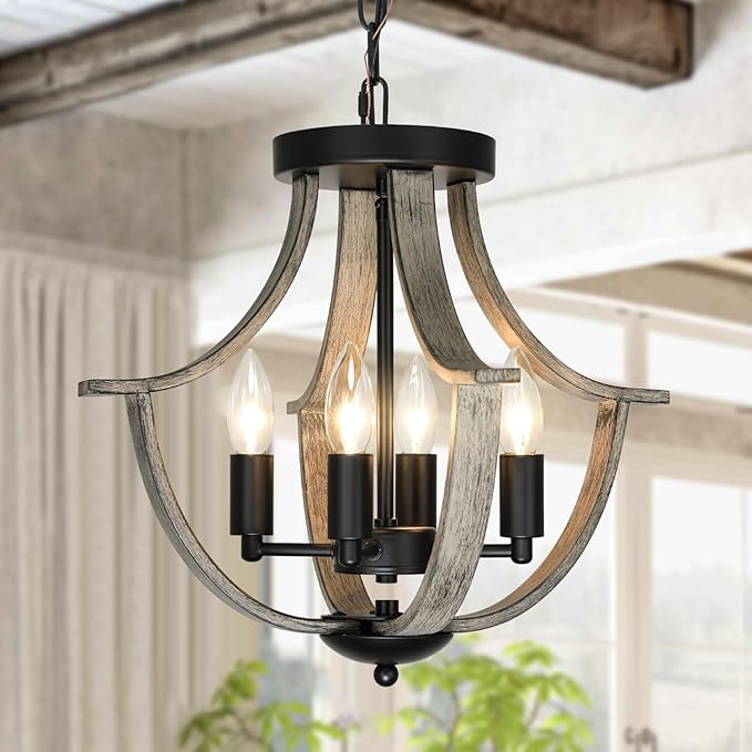 Farmhouse Chandelier, Modern Hanging Pendant Lighting, 4-Light Rustic Flush Mount Ceiling Light Fixture,Faux Wood Vintage Chandelier for Dining Room Kitchen Island Foyer Hallway Entryway Bedroom