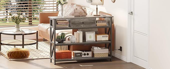 Mexin 39 Inch Console Table with 2 Outlet and 2 USB Ports, Entryway Table with Drawer and Storage Shelves, Narrow Sofa Table for Living Room and Hallway, Grey Oak