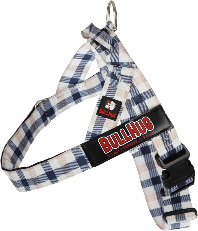 Adjustable Dog Harness– No Pull, No Choke – for English Bulldogs, French Bulldogs, Pugs & Broad-Chested Breeds – Easy, Safe Walks (Blue TAN Plaid, Medium)