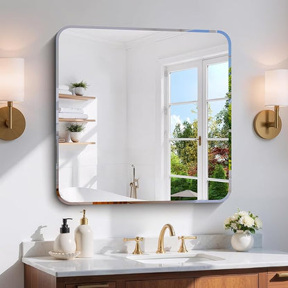 CILIBER Beveled Mirror 30"x30", Square Frameless Bathroom Mirror Rounded Corner