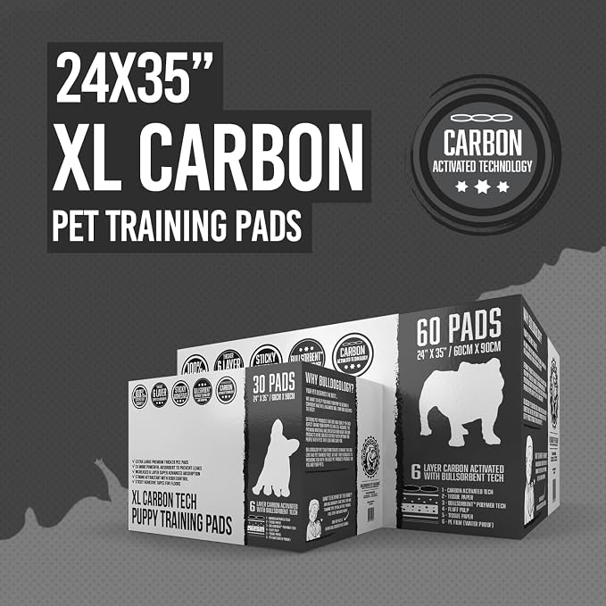 Bulldoglogy Carbon Black Puppy Pee Pads with Adhesive Sticky Tape - Extra Large Charcoal Housebreaking Dog Training Wee Pads (24x35) (60-Count, Black)