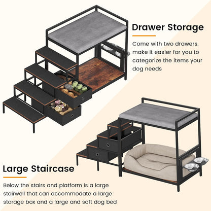 Dog Window Perch with 360° & Adjustable Raised Feeder, Pet Bunk Bed with Removable Stair and 2 Drawers, Elevated Platform Bed, Pet Elevated Seat with Cushion, Paw-Friendly Ladder