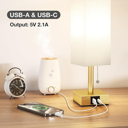aooshine White Small Table Lamp for Bedroom - 3 Color Temperature 3000K 5000K 4000K Bedside Lamp, Pull Chain Control, USB A and C Ports, Pure Gold Color Base, Bulb Included