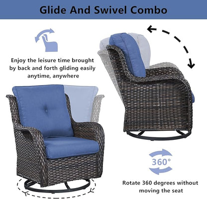 Belord Wicker Outdoor Furniture Patio Furniture Set - 6 Piece Patio Conversation Set with Swivel Rocker Chairs, Loveseat Sofa, Ottomans and Coffee Table, Blue Cushion