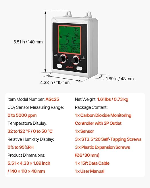 VEVOR Carbon Dioxide Monitoring Controller, Dual Outlets Carbon Dioxide