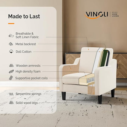VINGLI Beige Accent Chairs for Living Room, Line Comfy Upholstered Chair Mid Century Modern Armchair for Bedroom, Home Office, Small Spaces, Apartment