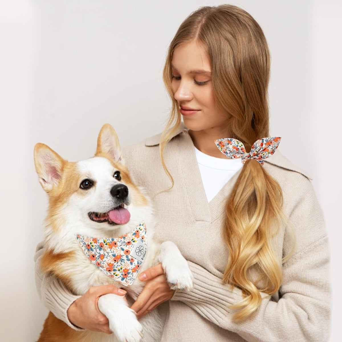 E-Clover Dog Bandanas & Matching Scrunchie Set Girl Cute Flower Dog Scarf Bibs Pet Bandana with Bow Tie for Small Dogs Puppy Owner Spring