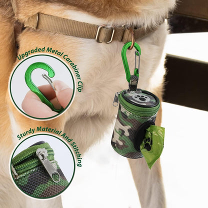Dog Poop Bag Holder for Leash Doggie Waste Bag Dispenser Puppy Potty Carrier Small Doggy Zipper Pouch with Carabiner Clip 1680D Nylon Oxford with 1 Roll of Pet Trash Bags, Woodland Camo