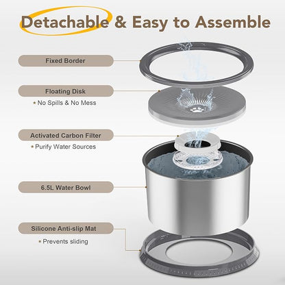 6.5L Stainless Steel Dog Water Bowl, No Spill Water Bowl for Dogs | Large Capacity, Slow Drinking Feeder, Splash Proof, With Anti-Slip Mat, Dishwasher Safe, Sturdy, Suitable for Mess Drinkers