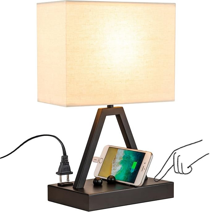 Briever Touch Control Table Lamp, 3-Way Dimmable Desk Lamp with USB C & USB A and AC Outlet, Bedside Lamps with Phone Stands for Bedroom, Living Room, Office, LED Bulb Included, Black