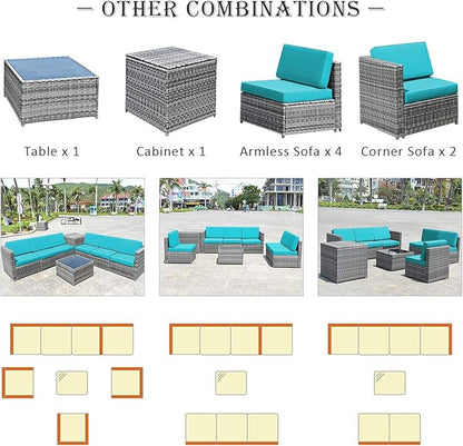 HAPPYGRILL 8-Pieces Patio Furniture Set Outdoor Rattan Conversation Set with Storage Box Sectional Wicker Sofa Set with Coffee Table and Cushions for Garden Backyard