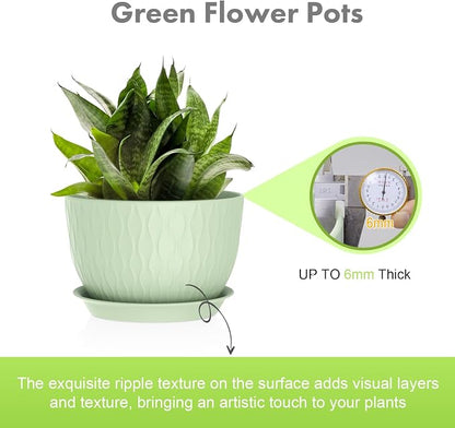 Meowell Large Flower Pots 12/10/9 inch, 3 Set Wide Plant Pots for Outdoor Indoor Plants with Water Ripples, Big Plastic Planters with Drainage Holes and Saucers for Garden House Plants, Green