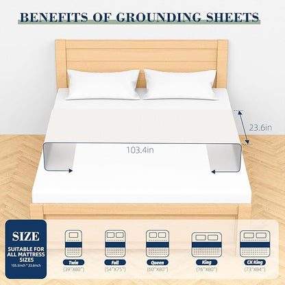 Grounding Mat for Bed 90% Organic Cotton+10% Pure Silver Fiber, Grounding Fitted Sheets for All Mattress Sizes, with Static grounding Cord and Test Pen(White, 105.4 * 23.5 inch)