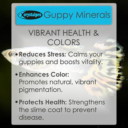 Crystalpro Guppy Minerals 4.22 Oz - Mineral Additive for Guppies - Replenishes Protective Coat and Improves General Health Freshwater Aquarium Salt (125 ml) Treats 660 Gallons
