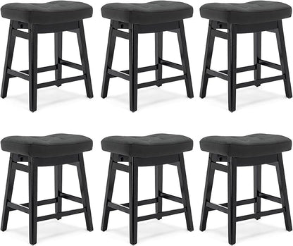 RNKSFX Counter Height Black Bar Stools Set of 6 for Kitchen Counter, Backless Farmhouse Kitchen Island Barstools with Upholstered Faux Leather Saddle Seat and Solid Wood Legs Modern 24 inch Bar Chairs