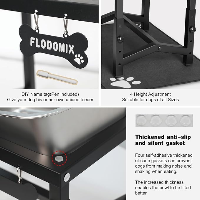 2.8 Gallon Elevated Large Dog Water Bowl, 4 Adjustable Height 10.5-15.8'' Raised Stainless Steel Bowl Stand with Anti-Slip Mat for Large Breed, Metal Dog Feeding Station for Relief Joint Pressure