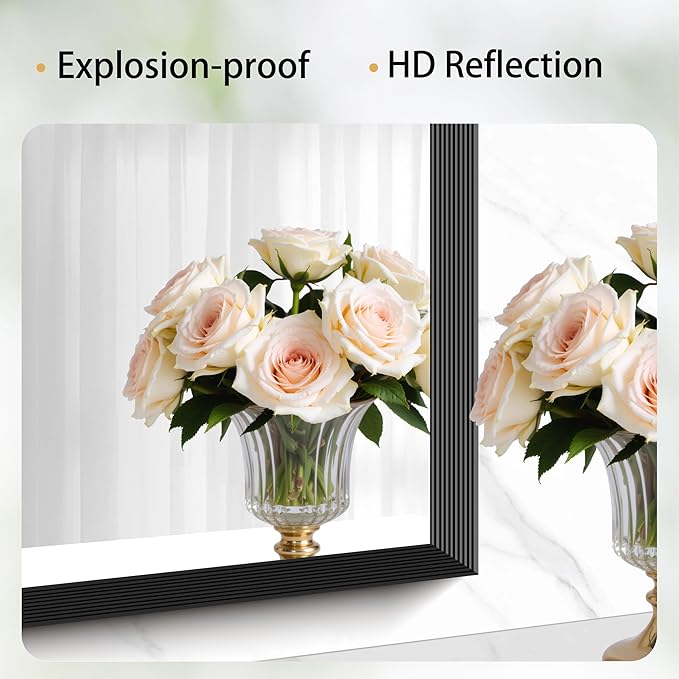 Black Bathroom Mirror 20 x 48 Inch Rectangle Wave Beveled