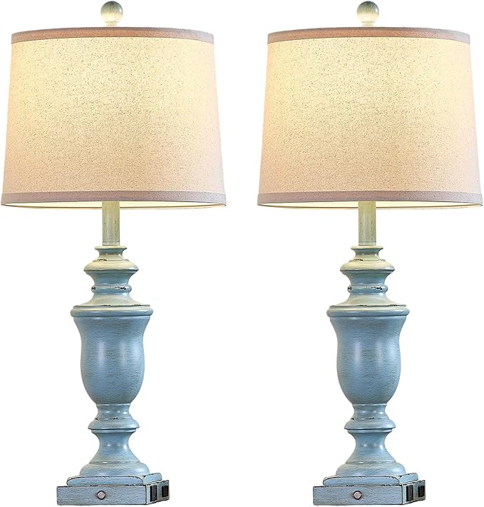 27.5" Set of 2 Farmhouse Table Lamps for Bedroom, 3 Way Dimmable Bedside Lamp with 2 USB +AC Outlet Nightstand Lamps for Living Room Resin Rustic Touch Lamps(Antique Blue)