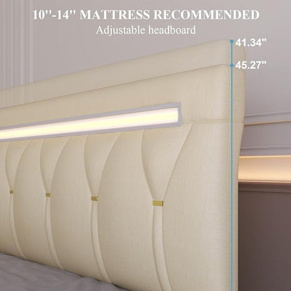 Queen Size Bed Frame with LED Lights and Charging Station, Faux Leather Linen Fabric Adjustable Headboard,Modern Upholstered Bed, Sturdy Wood Slat Support, Easy Assemble, Beige