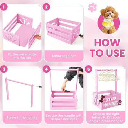 Teenyyou 20 x 13 x 9 Wooden Dog Closet Pet Wardrobe Crate Box with Hanging Rods and Personalized Alphabet Letters Easy Assembly Baskets for Dog Cat Toys Clothes Accessories(Pink)