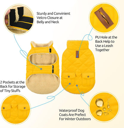 Queenmore Dog Winter Coat Warm Puffer Jacket Waterproof Plush Lining Thermal Cold Weather Vest for Small Medium Large Dogs, Windproof Easy On Pet Jacket Yellow S