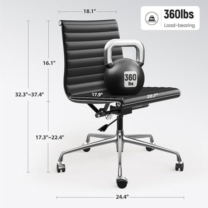 OTDMEL Armless Ribbed Office Desk Chair with Top Grain Leather, Mid Back Ergonomic Swivel Room Chair, Adjustable Height 5-Star Base, Black