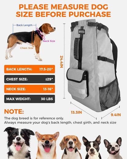Waterproof Dog Backpack Carrier for Medium Dogs Under 30 lb, Grey | 4-Layer Protection, Adjustable Dog Hiking Backpack with Storage Pockets, Reflective Strips, Non-Slip Handle for Travel
