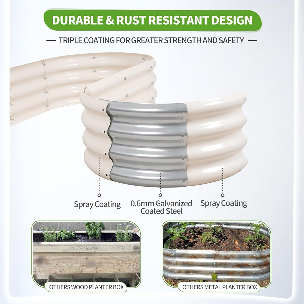 Galvanized Raised Garden Bed - 8x2x1FT Metal Planter Boxes Outdoor | Oval Steel Raised Bed Kit for Gardening with Protective Tape, Bracing Rods, Gloves for Vegetables, Flower, Herb (White)