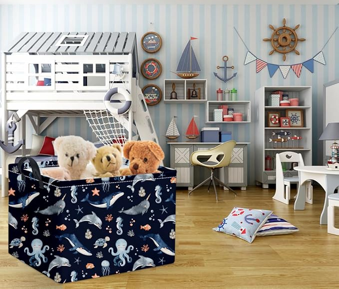 HIYAGON Rectangular Ocean Basket Kids Baby Storage Bin Toy Organizer Box for Boys Under the Sea Nursery Decor(Ocean)