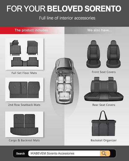 IKABEVEM Floor Mats for 2021-2025 2026 Kia Sorento 6/7 Seats (NO Hybrid) - Custom Fit TPE Floor Liners Cargo Liner Backrest Mat 2nd Row Kick Mats All Weather Protector Sorento Accessories