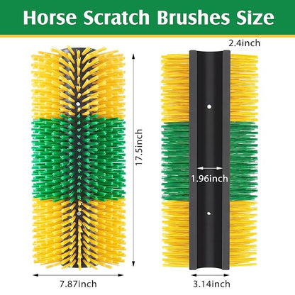3 Pack Livestock Scratching Brush, Green and Yellow | Animal Scratcher, Itch Relief Grooming, Horse Goat Cow Scratcher, Fence Post Mounting, Durable Bristles, Farm Livestock Care