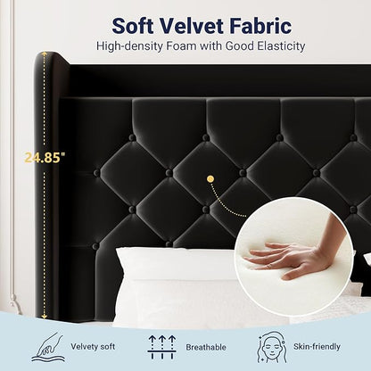 Allewie Queen Size Bed Frame, Storage Headboard with Charging Station, Wingback Velvet Upholstered, Diamond Stitched Button Tufted, Sturdy Wooden Slats, No Box Spring Needed, Easy Assembly, Black
