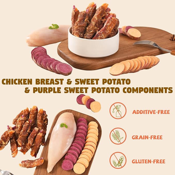 Chicken Jerky Wrapped Double Sweet Potato Dog Treats,Low Fat & Rawhide-Free & High Protein Dog Snacks,Orange & Purple Sweet Potato Soft Chews w/1% Taurine for Small Medium Large Dogs,10.58oz