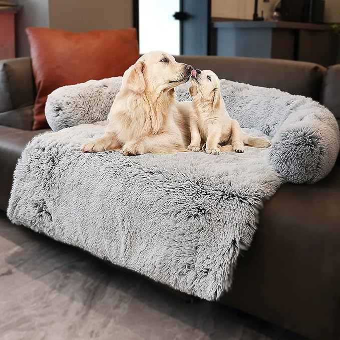 Calming Dogs/Cats Bed Mats, Dog Pad Washable Removable Couch Cover, Plush Long Fur Mat for Pets, Waterproof Lining, Perfect for Small, Medium and Large Dogs and Cats (Gradient Gray, 41"x37")
