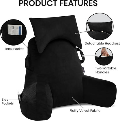 Unisakey Portable Reading Pillows with Headrest for Bed Sitting Up(Black Oeko-Tex), Velvet Back Pillow with Arms & Pockets for Adults, Support Memory Foam Bed Pillow for Dorm/Reading/Watching/Gaming