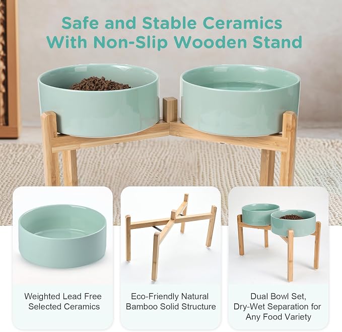 SPUNKYJUNKY Elevated Dog Bowls Ceramic, 8.3'' Dogs Food Water Bowls Raised with Non-Slip Bamboo Stand for Large Sized Breed Microwave Dishwasher Safe - 60 OZ,Light Green