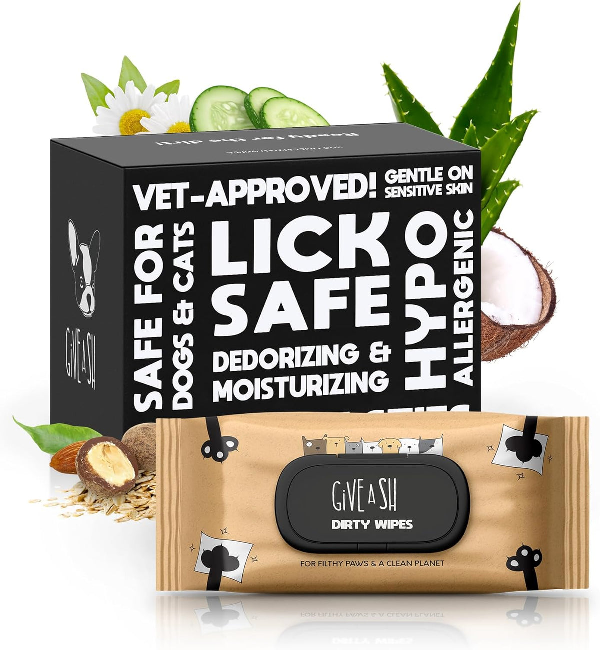 Lick-Safe Pet Wipes for Dogs & Cats - Vet-Approved & Hypoallergenic - Cleans Mud, Odors & Dander - Wipes for Paws, Face & Butt - 10% to Charity - Earth-Friendly & Unscented Cat Cleaning - Pack of 100