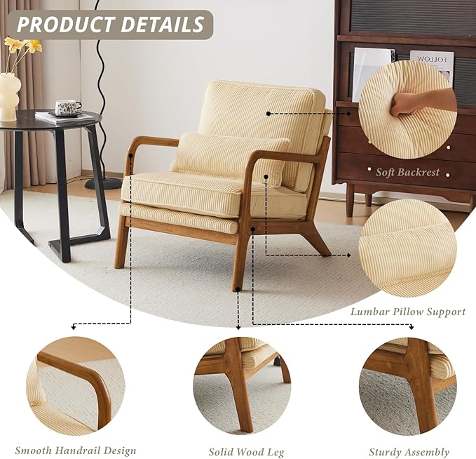 Karl home Mid-Century Modern Accent Chair, Living Room Chairs with Pillow Corduroy Upholstered Lounge Armchair with Solid Wood Frame & Soft Cushion for Bedroom, Reading Room, Beige & Yellow
