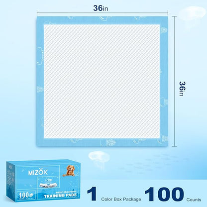 MIZOK XXL Pee Pads for Dogs Super Absorbent Dog Pee Pads Bulk 36x36in 100Ct | Heavy Duty Blue Pet Training Pads Feature Unique Jellyfish Designs and Leak Proof Adhesive Tabs for Large Dog Needs
