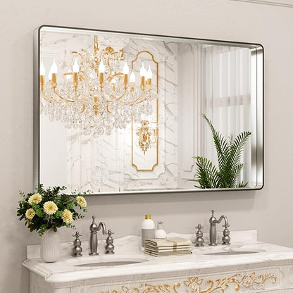 LOAAO 55X36 Inch Brushed Nickel Bathroom Mirror, Rounded Rectangle Silver Metal