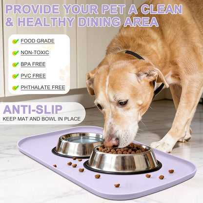 SMILOOL Waterproof Silicone Pet Food Mat with Raised Edge for Dog & Cat | 24" x 16" Non-Slip Pet Feeding Mats with Lip for Food & Water Bowl, Food Grade, Easy Cleaning, Light Purple